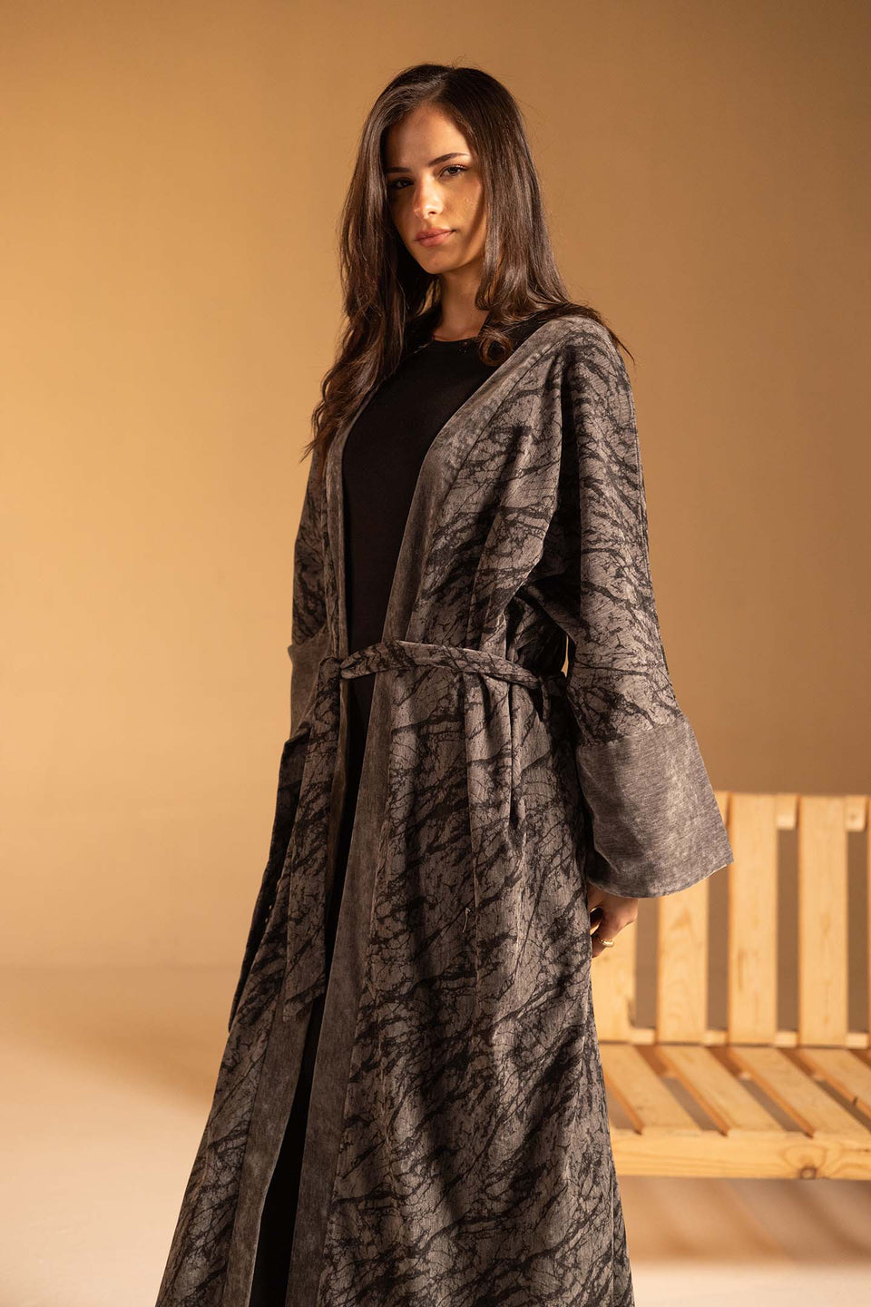 Grey Marble Velvet Wide Sleeve Abaya