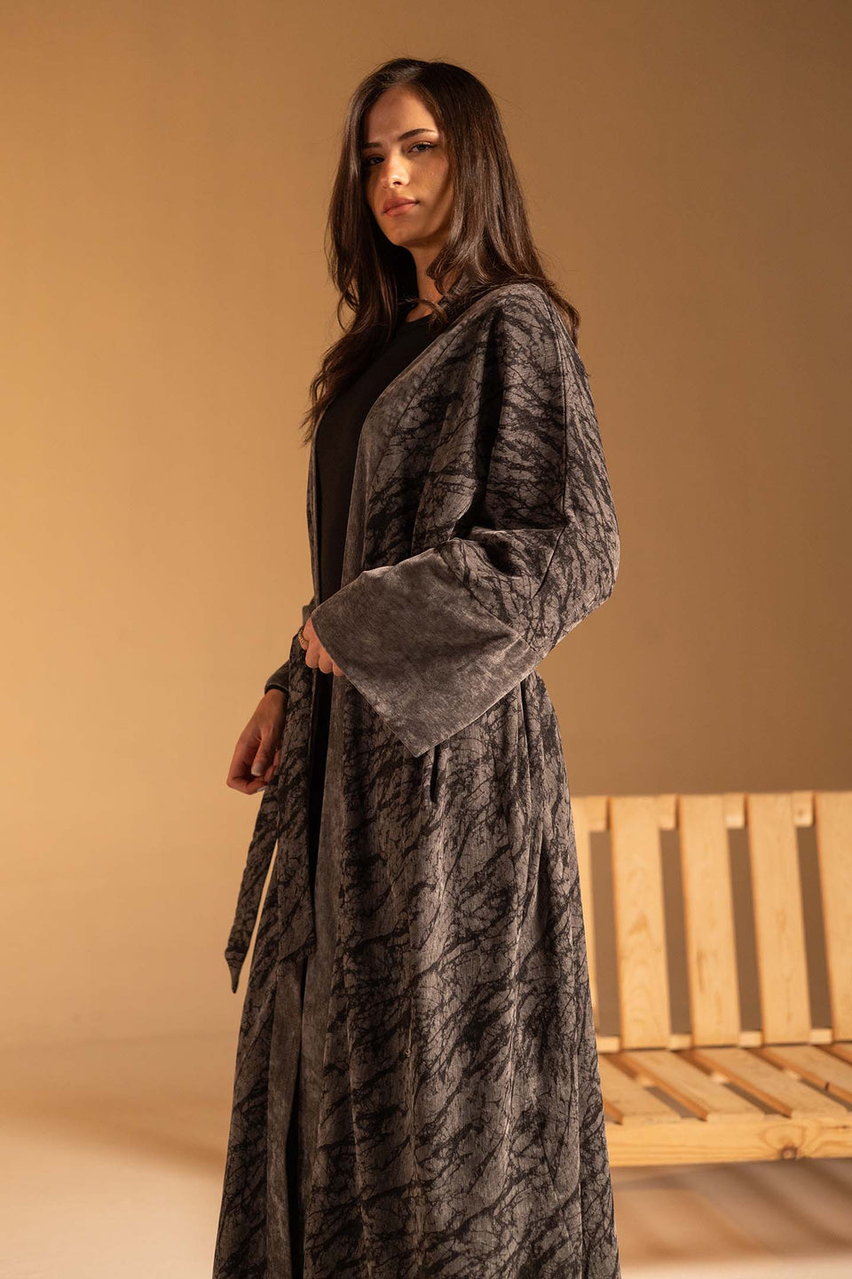 Grey Marble Velvet Wide Sleeve Abaya