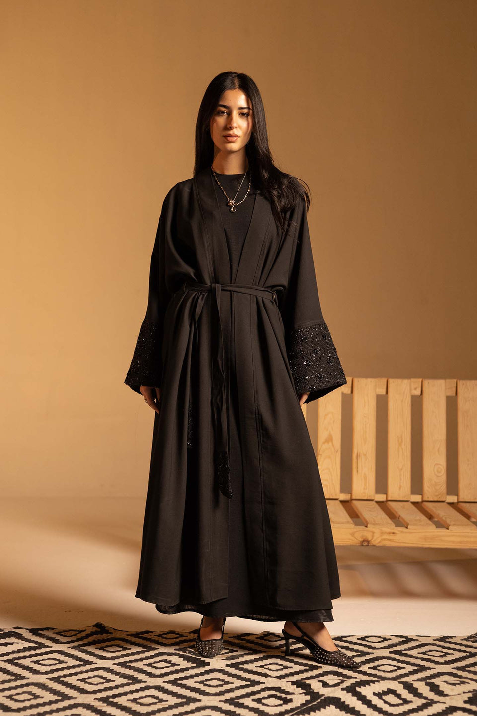 Black Evening Beaded Sleeve Abaya