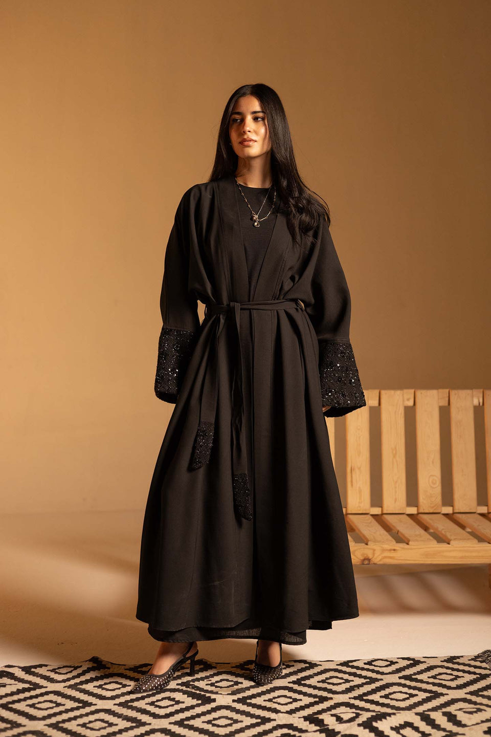 Black Evening Beaded Sleeve Abaya