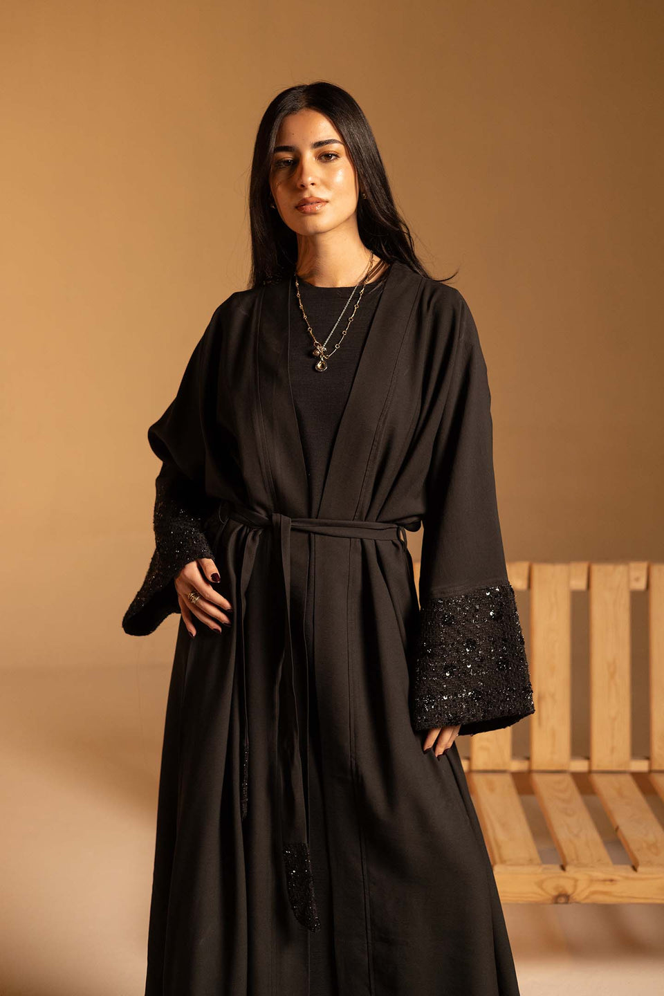 Black Evening Beaded Sleeve Abaya