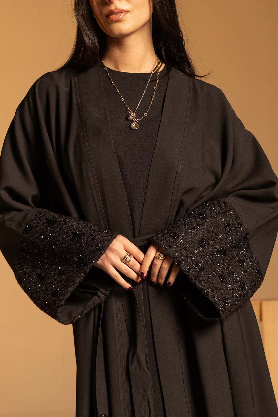 Black Evening Beaded Sleeve Abaya