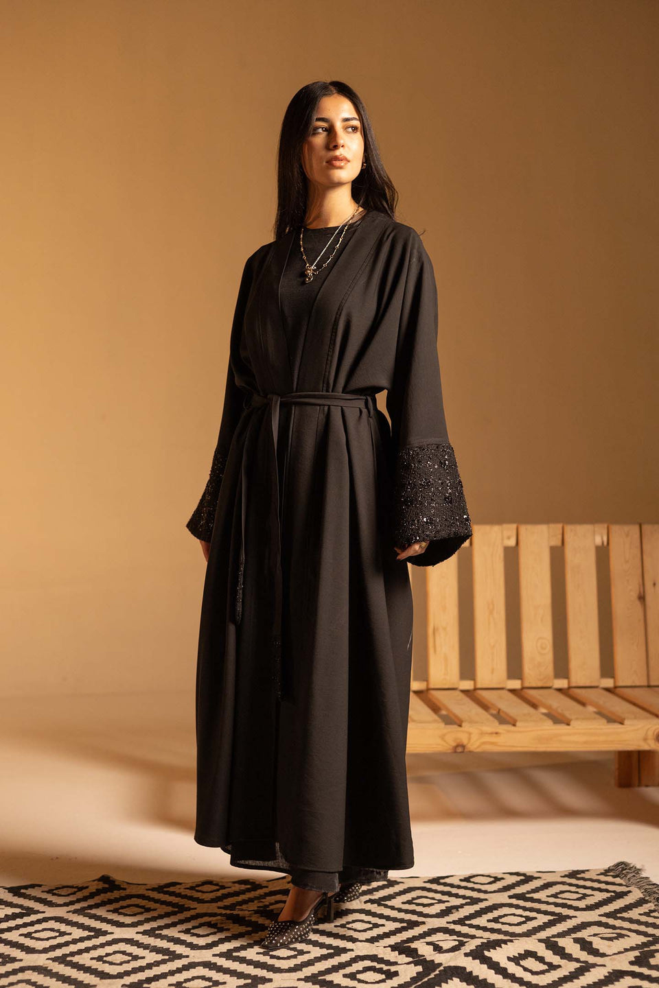 Black Evening Beaded Sleeve Abaya