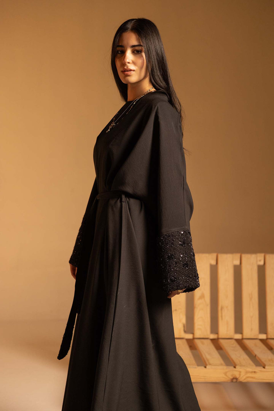 Black Evening Beaded Sleeve Abaya