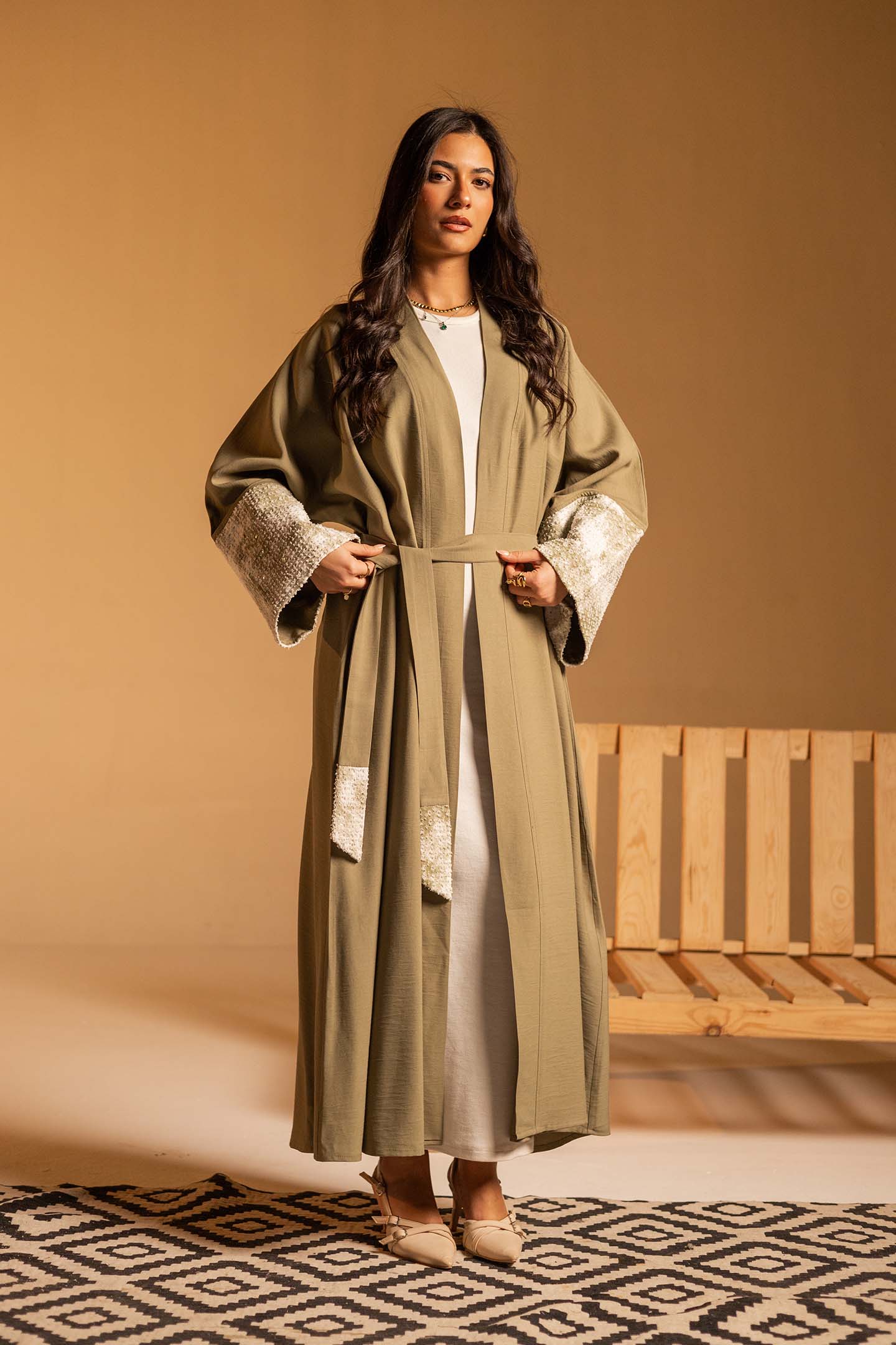 Olive Evening Beaded Sleeve Abaya