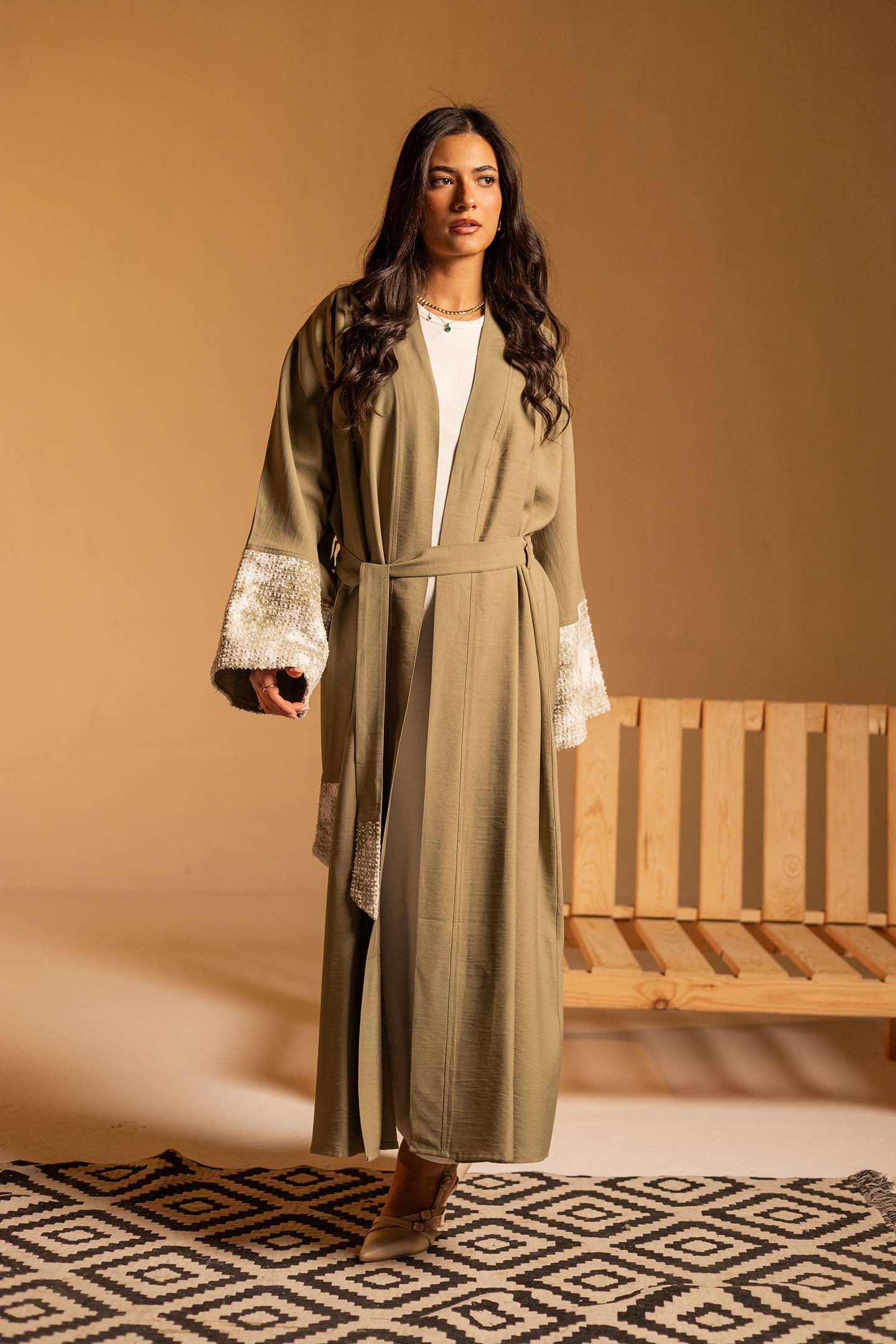 Olive Evening Beaded Sleeve Abaya