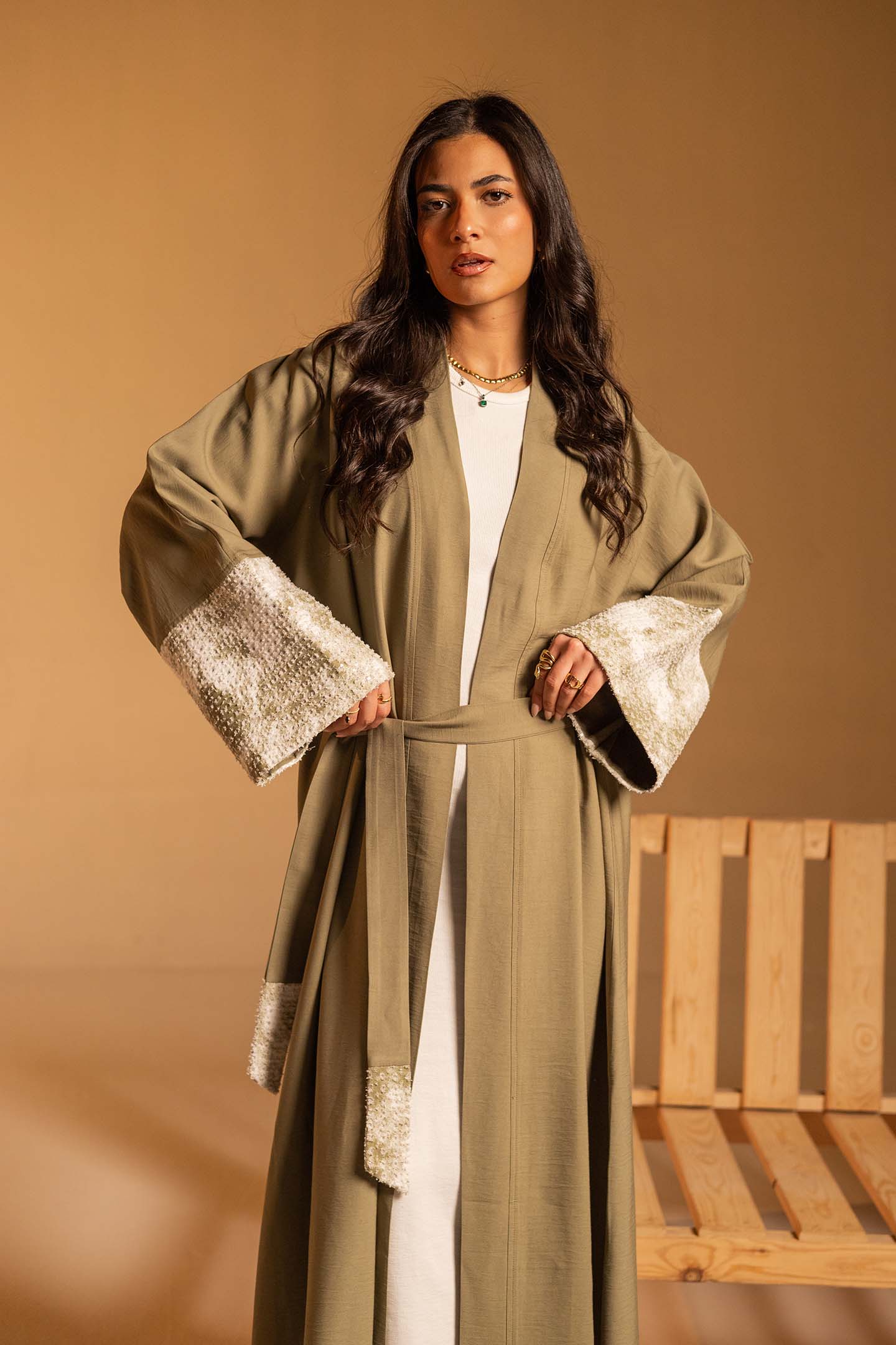 Olive Evening Beaded Sleeve Abaya