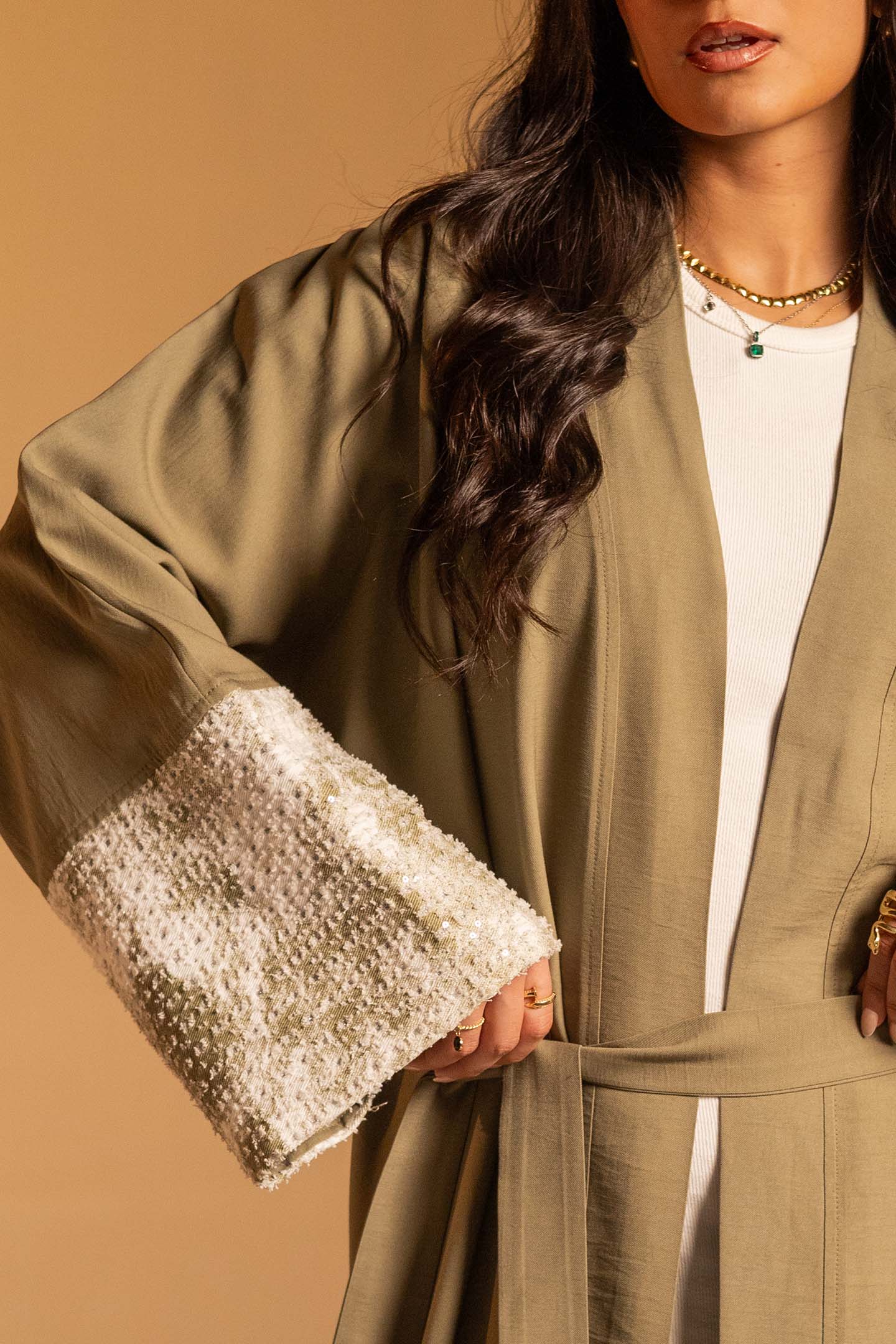 Olive Evening Beaded Sleeve Abaya