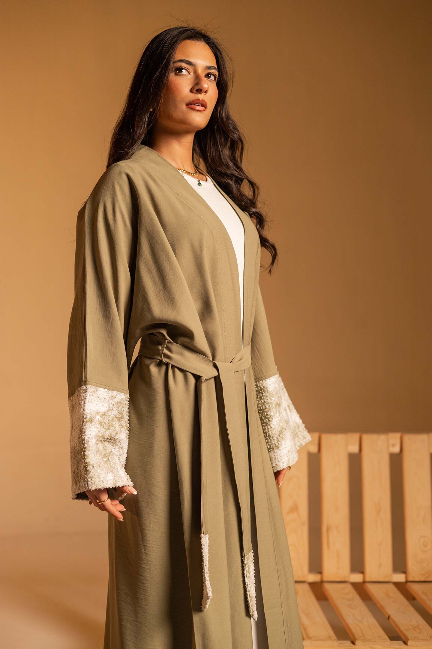 Olive Evening Beaded Sleeve Abaya