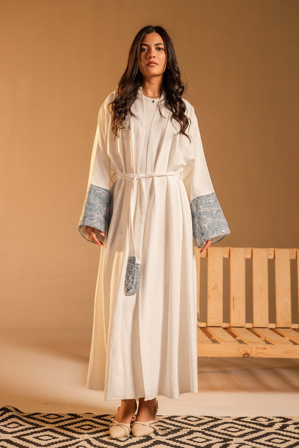 White Evening Beaded Sleeve Abaya
