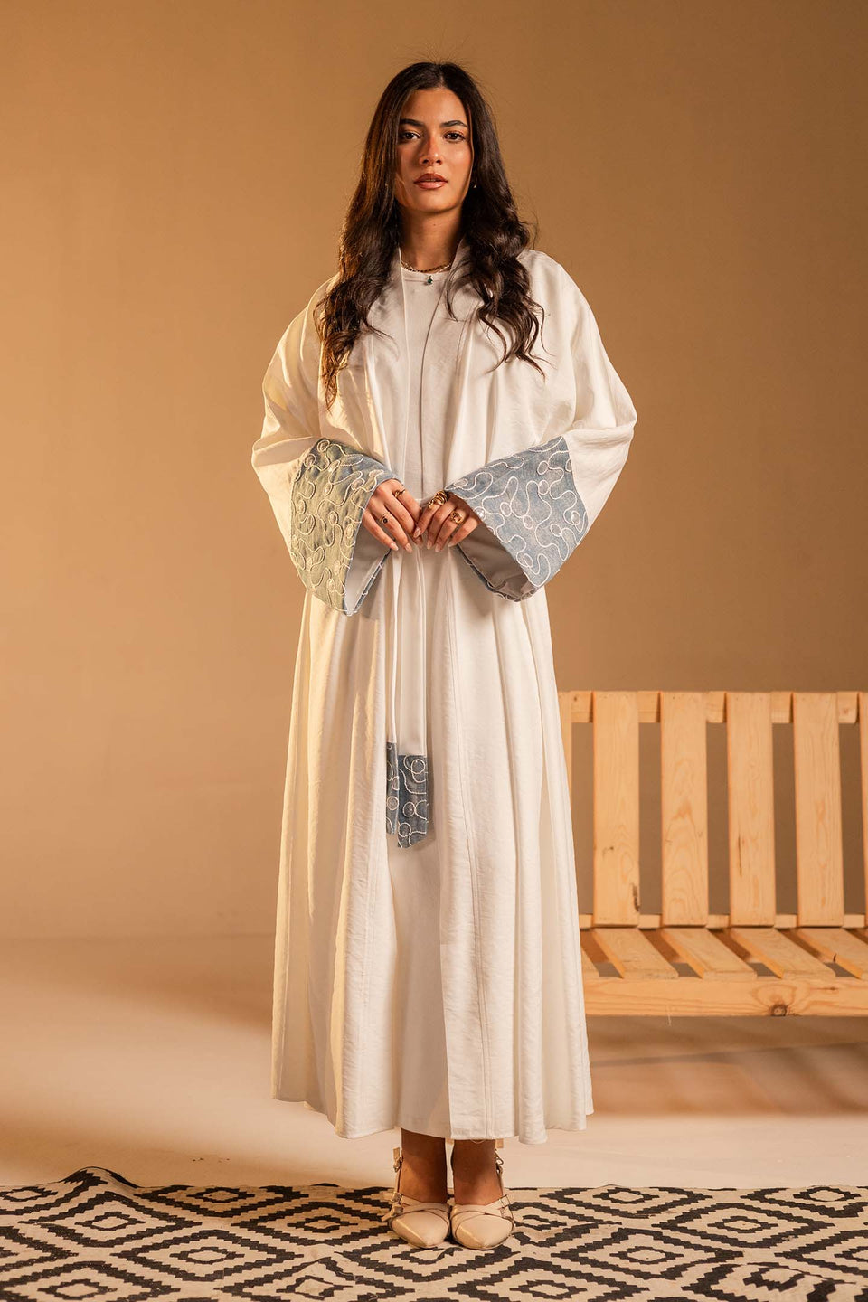 White Evening Beaded Sleeve Abaya