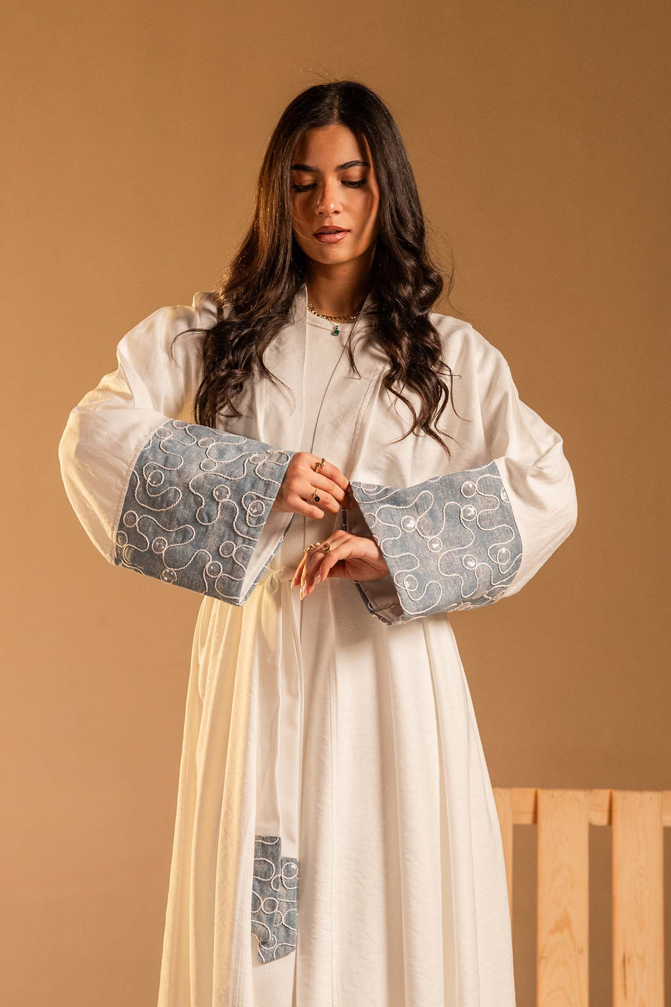 White Evening Beaded Sleeve Abaya