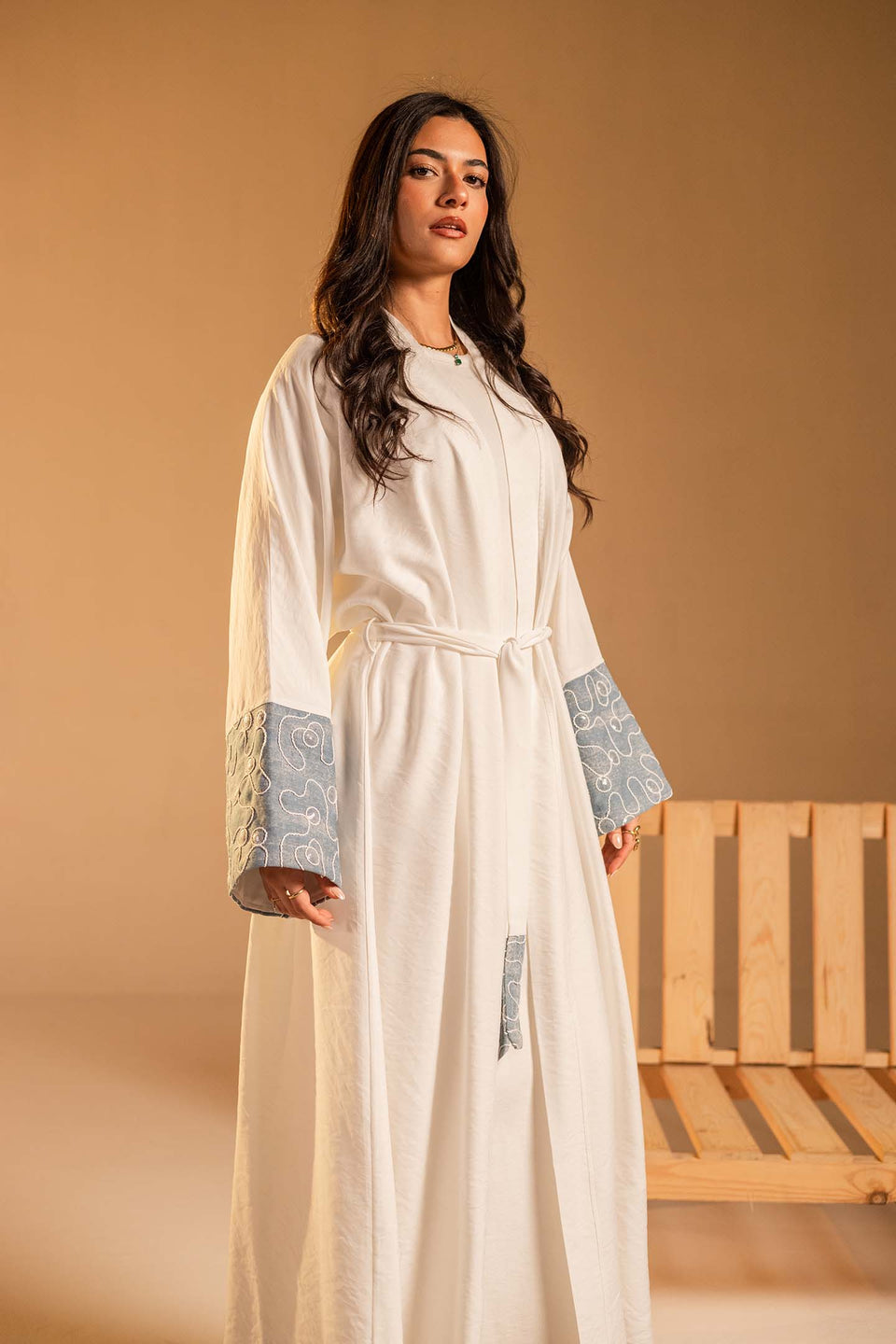 White Evening Beaded Sleeve Abaya