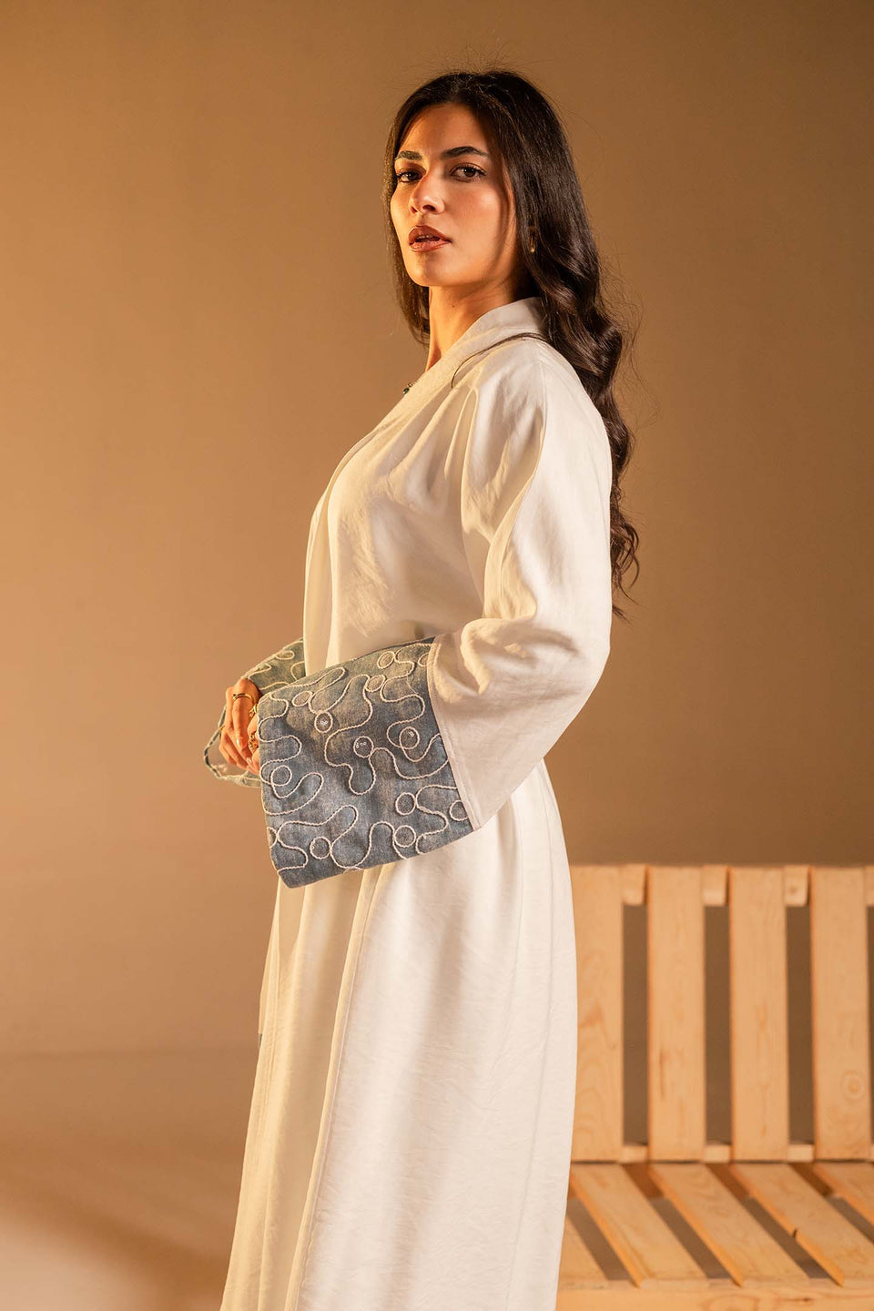 White Evening Beaded Sleeve Abaya
