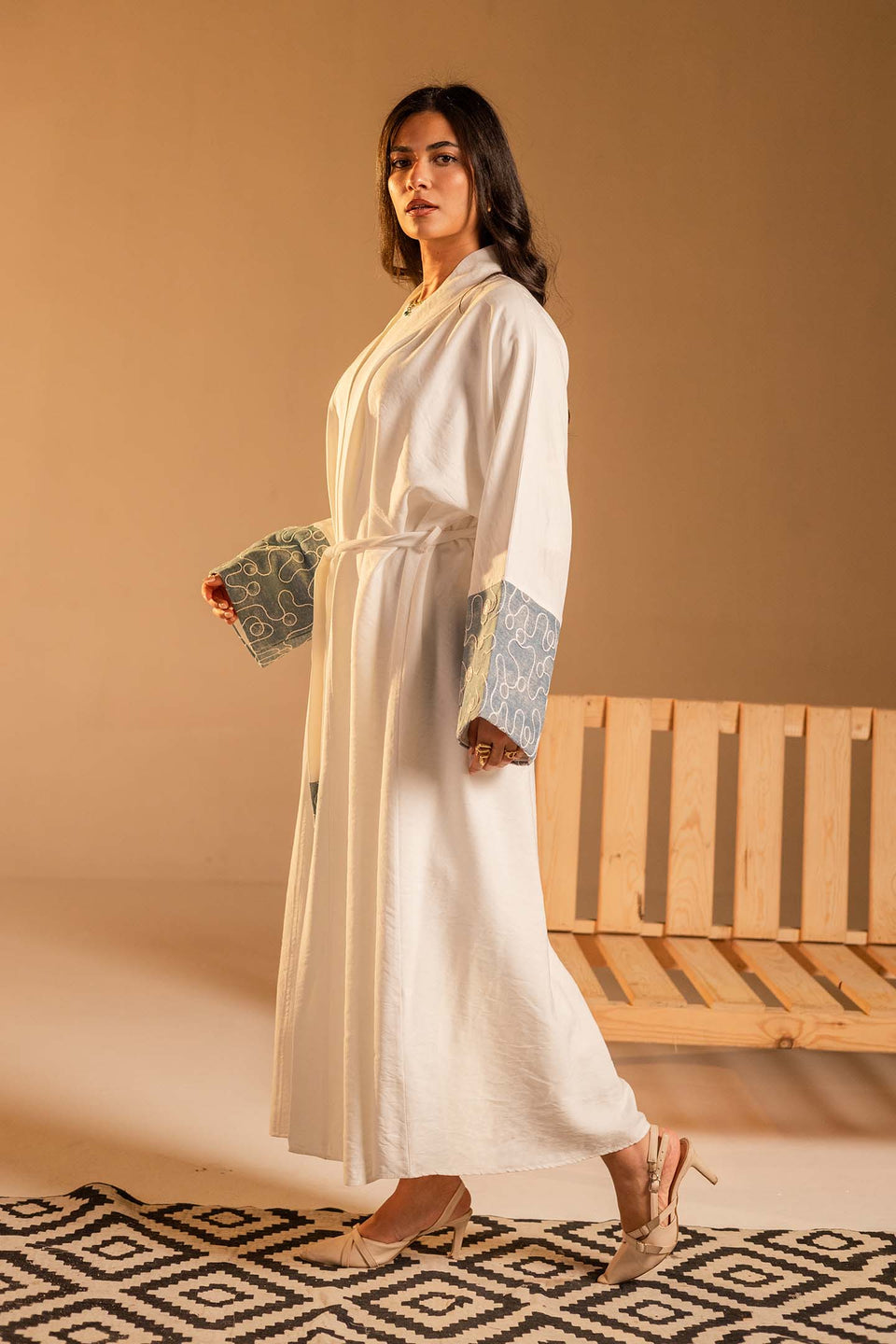 White Evening Beaded Sleeve Abaya