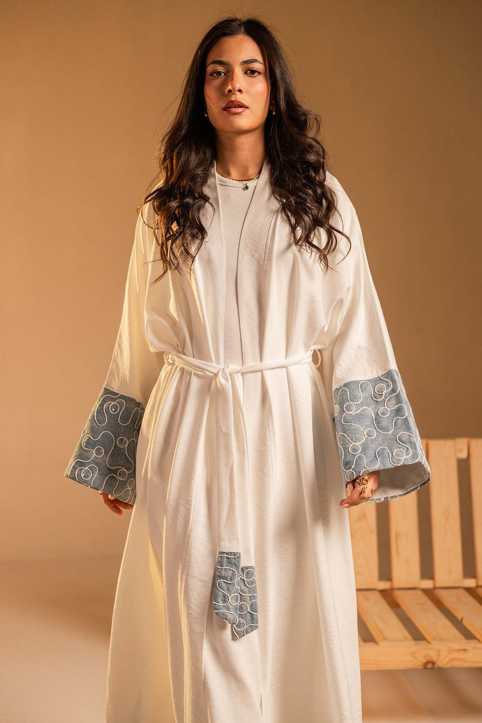 White Evening Beaded Sleeve Abaya