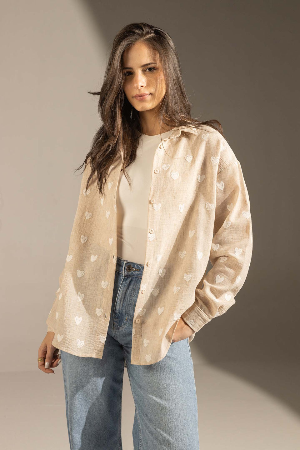 Beige Heart Print Relaxed Fit Button-Up Shirt