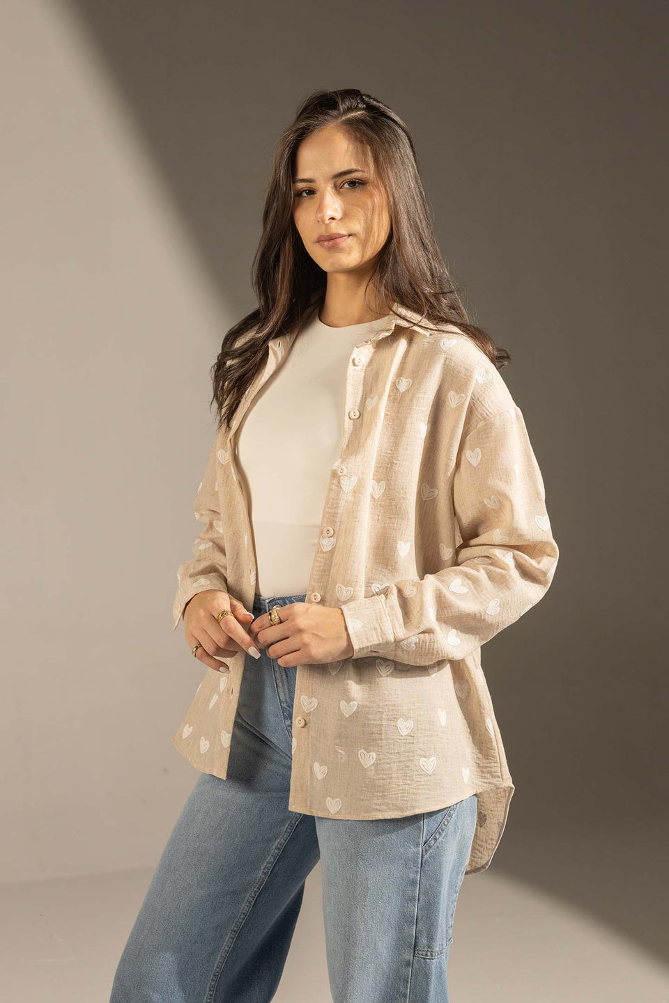 Beige Heart Print Relaxed Fit Button-Up Shirt