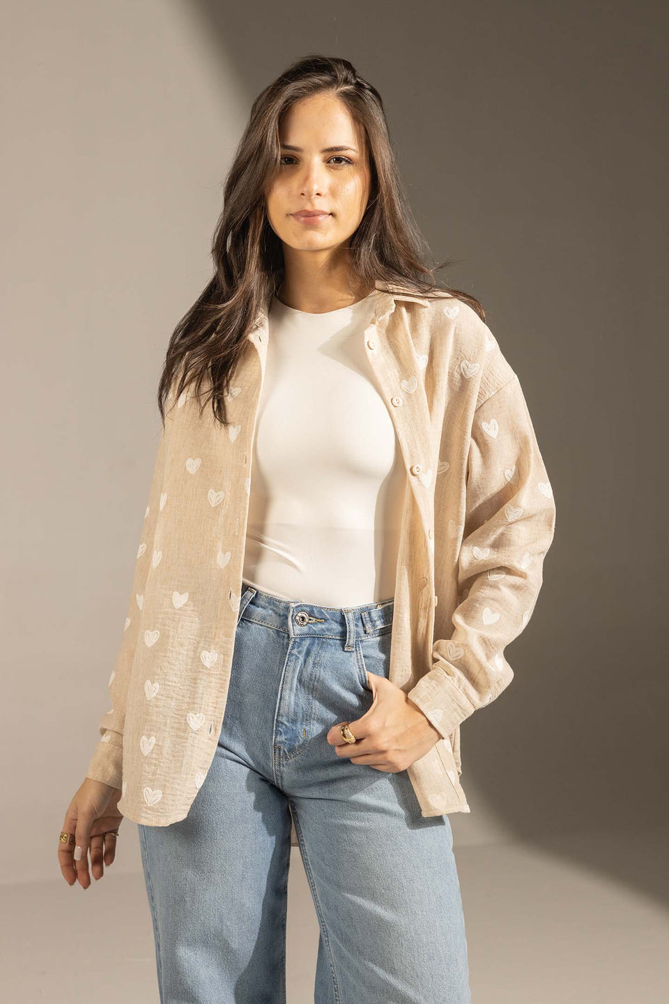 Beige Heart Print Relaxed Fit Button-Up Shirt