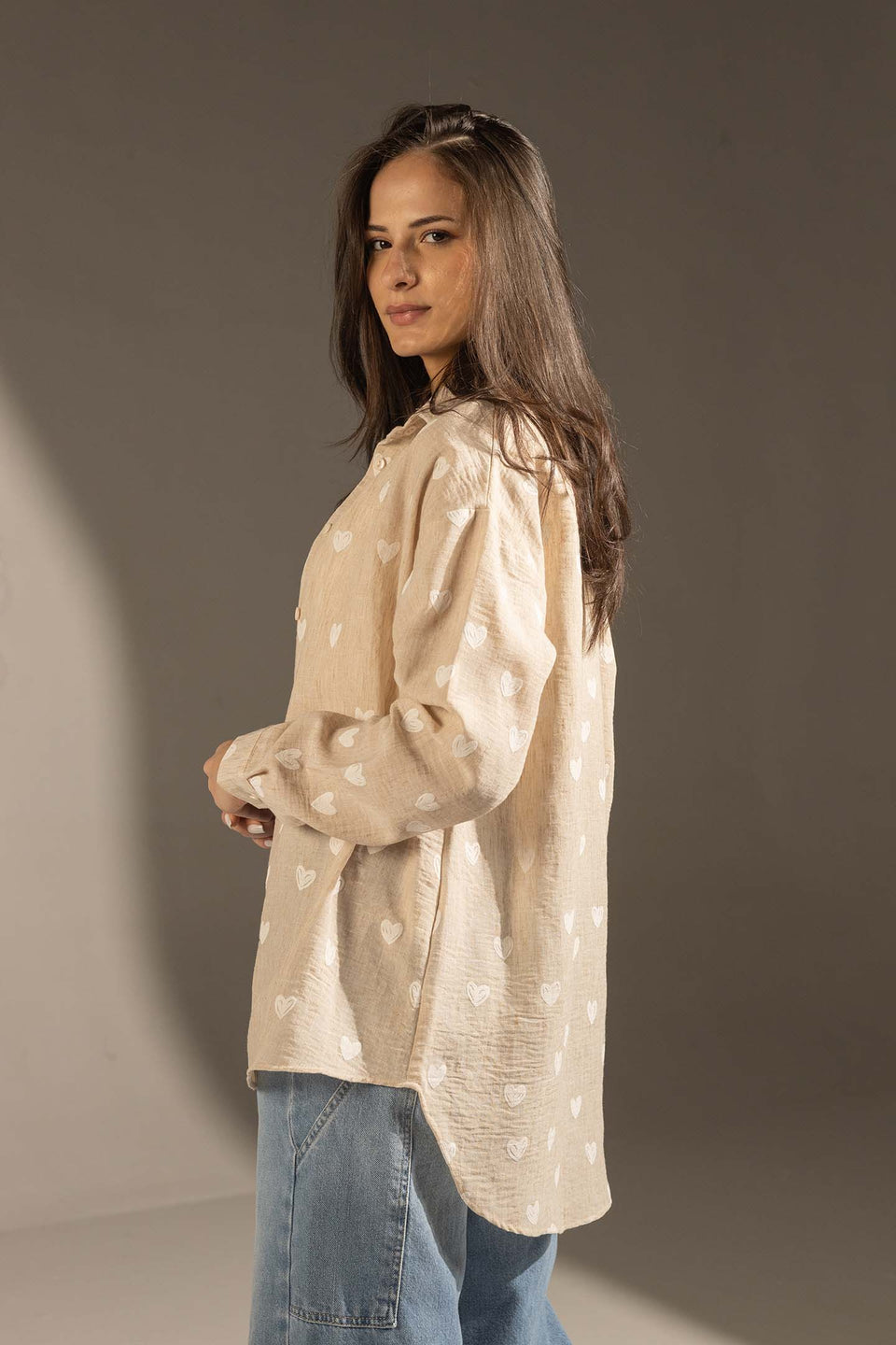 Beige Heart Print Relaxed Fit Button-Up Shirt