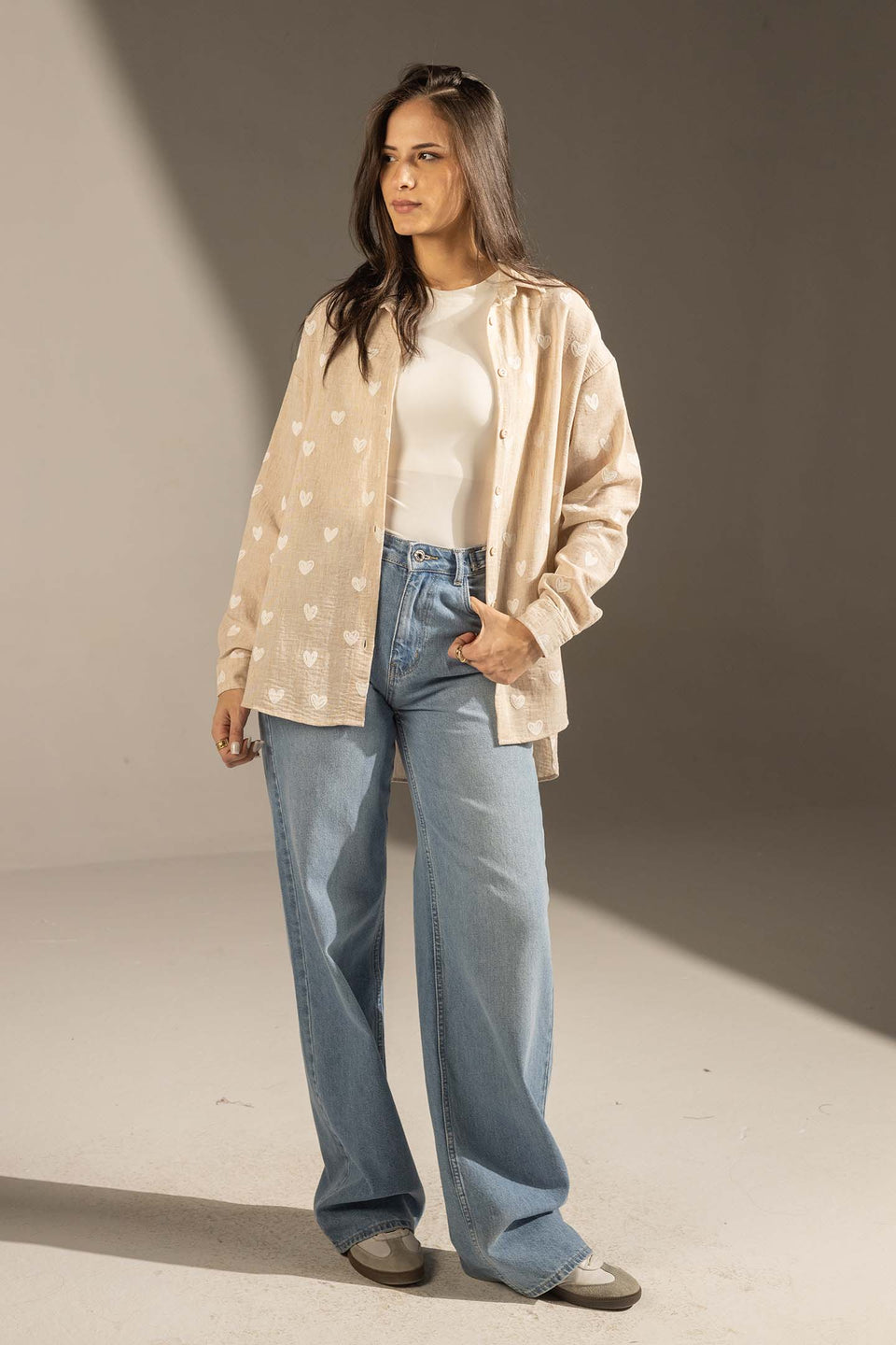 Beige Heart Print Relaxed Fit Button-Up Shirt