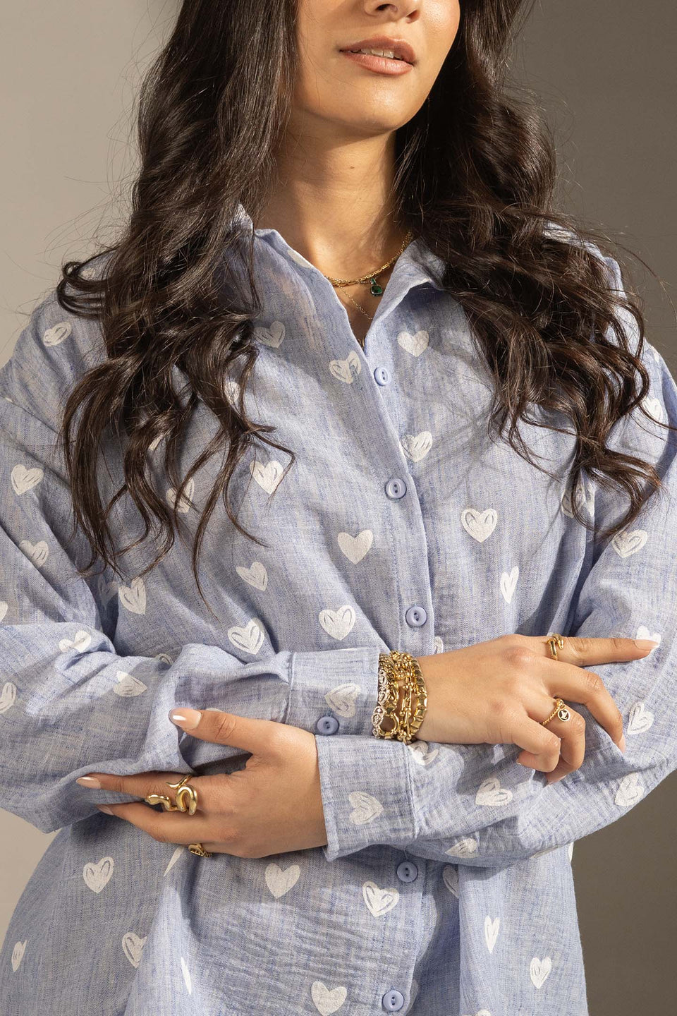 Blue Heart Print Relaxed Fit Button-Up Shirt