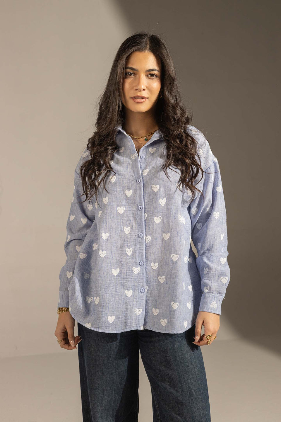 Blue Heart Print Relaxed Fit Button-Up Shirt