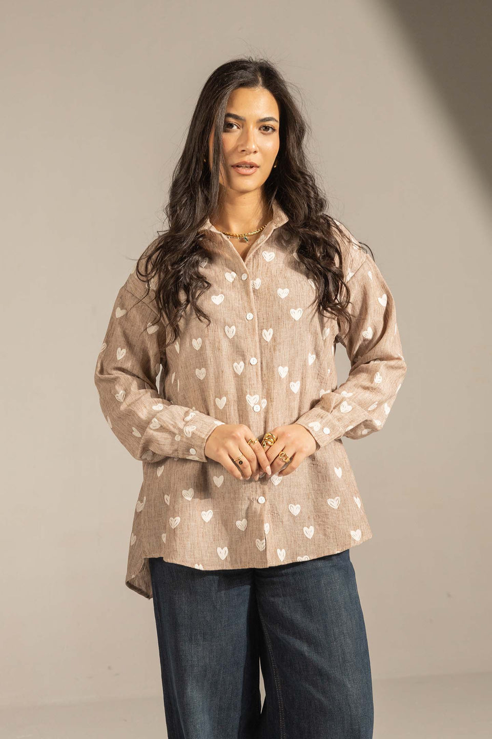 Coffe Heart Print Relaxed Fit Button-Up Shirt