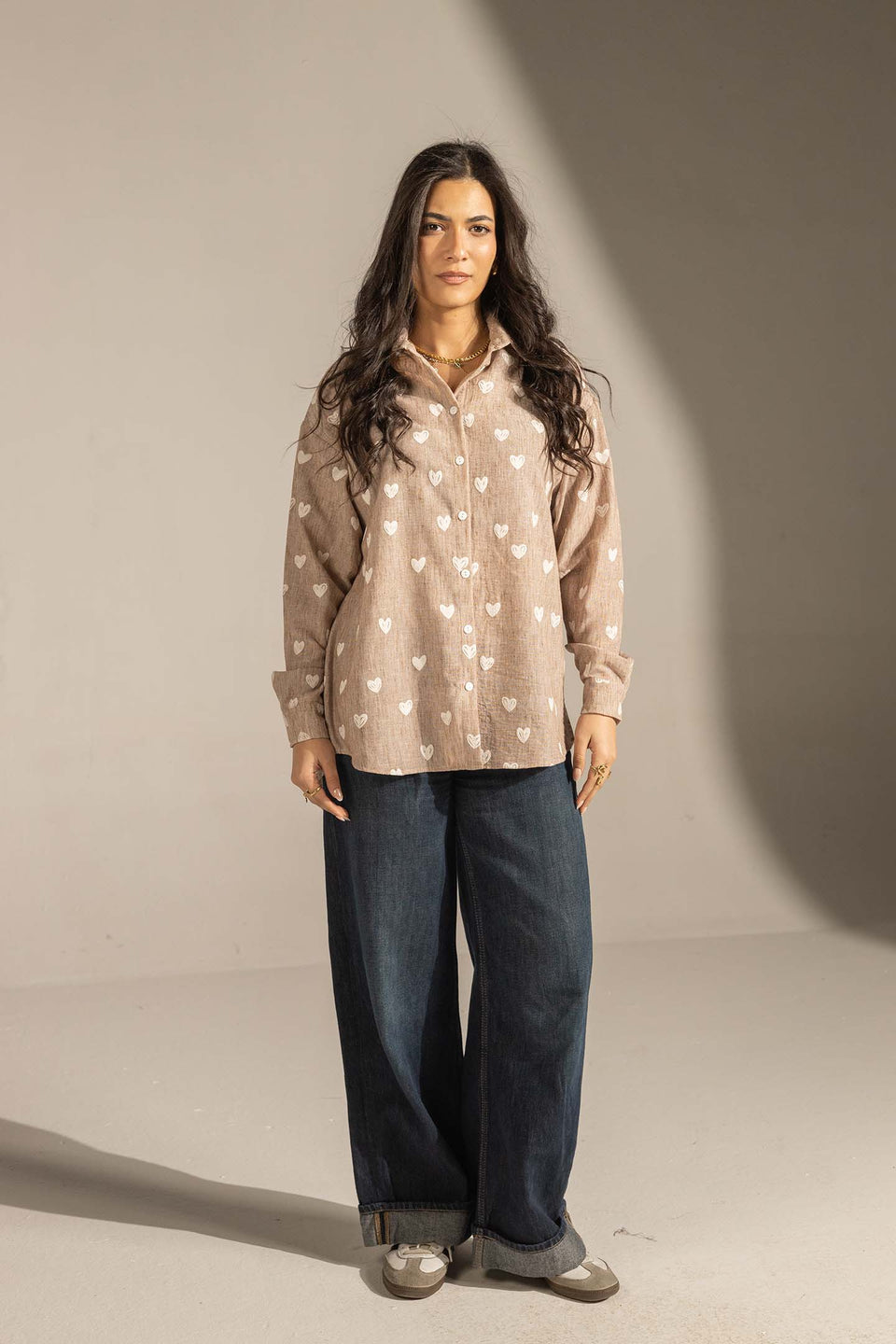 Coffe Heart Print Relaxed Fit Button-Up Shirt