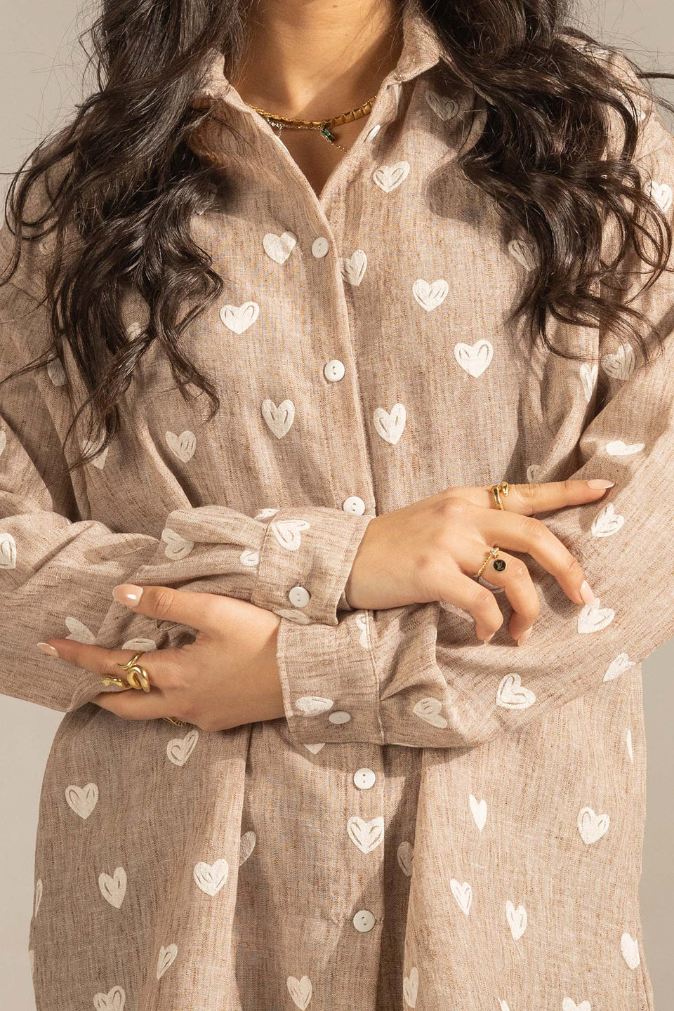 Coffe Heart Print Relaxed Fit Button-Up Shirt