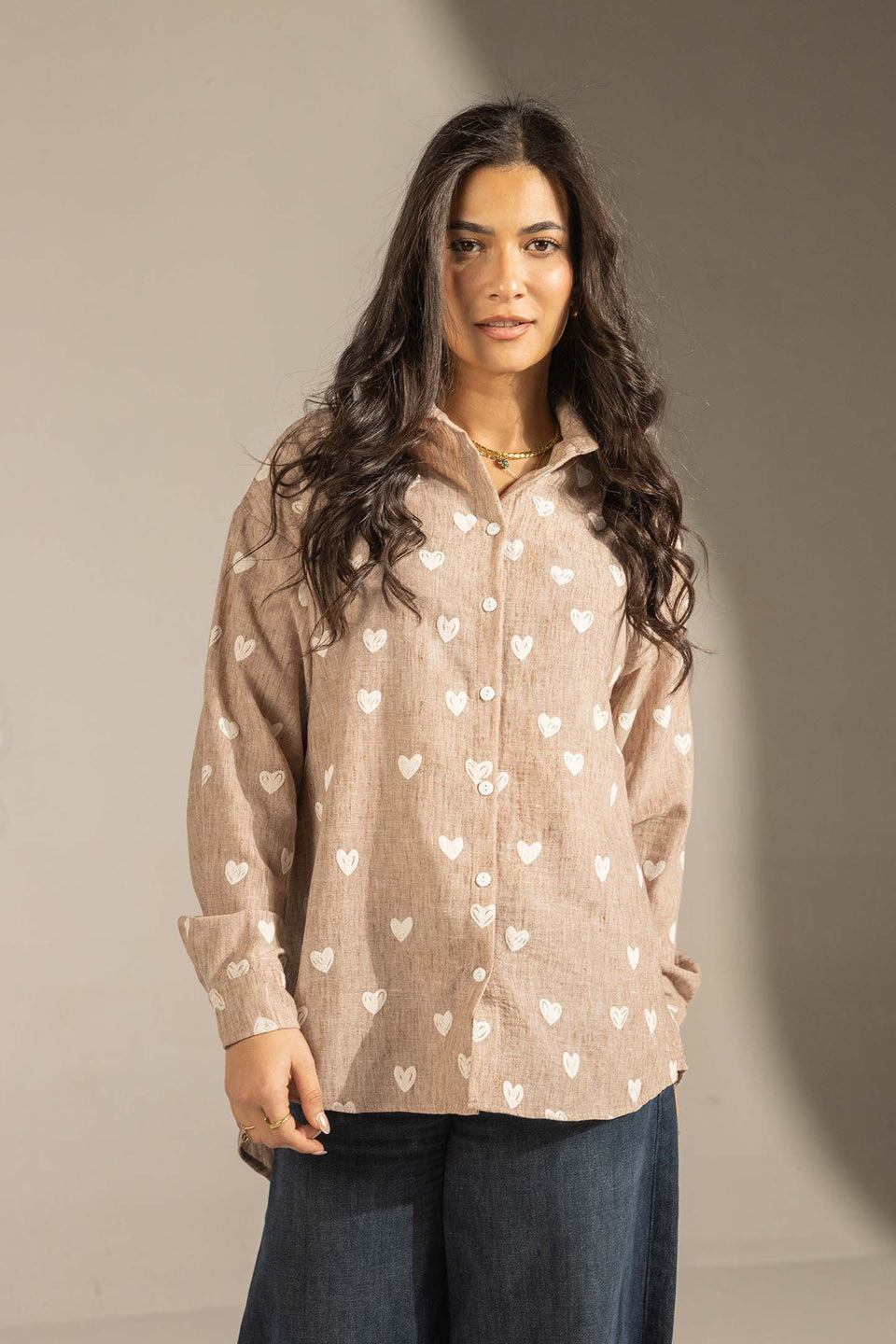 Coffe Heart Print Relaxed Fit Button-Up Shirt