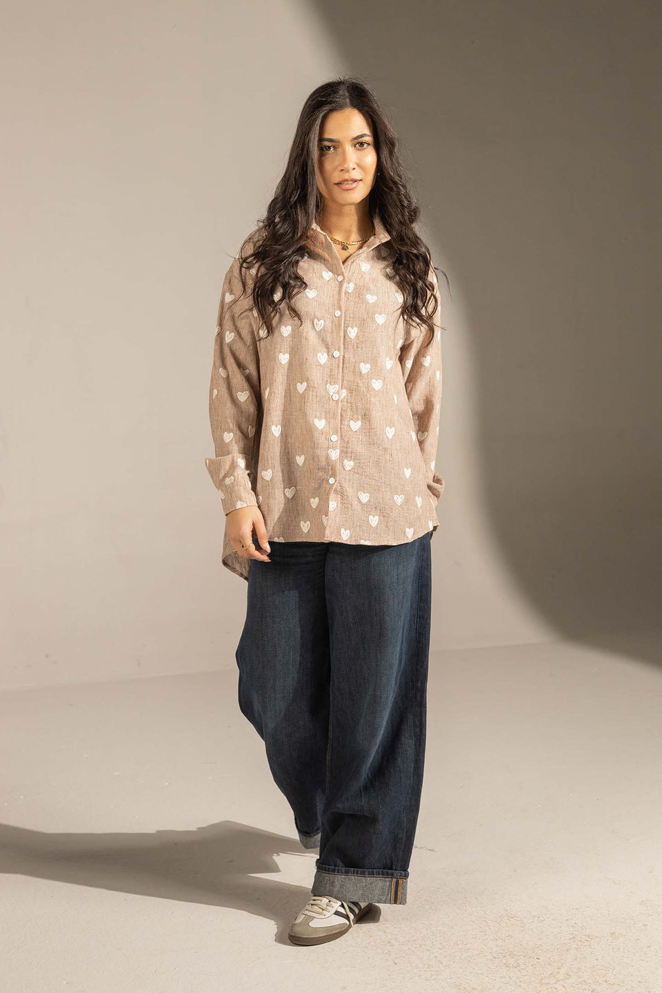 Coffe Heart Print Relaxed Fit Button-Up Shirt