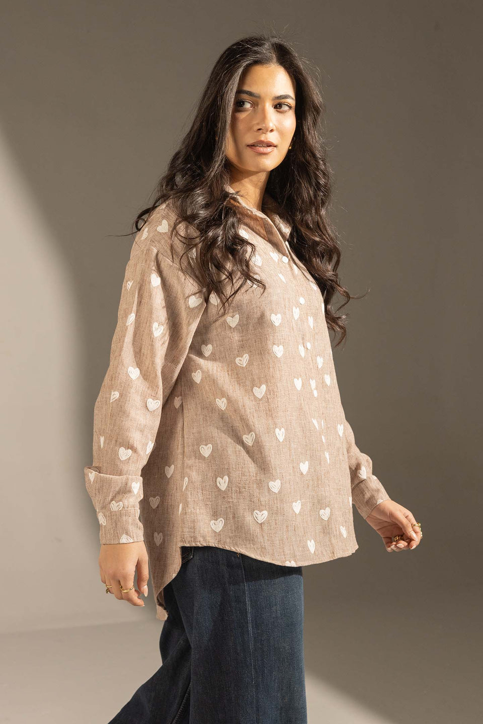 Coffe Heart Print Relaxed Fit Button-Up Shirt