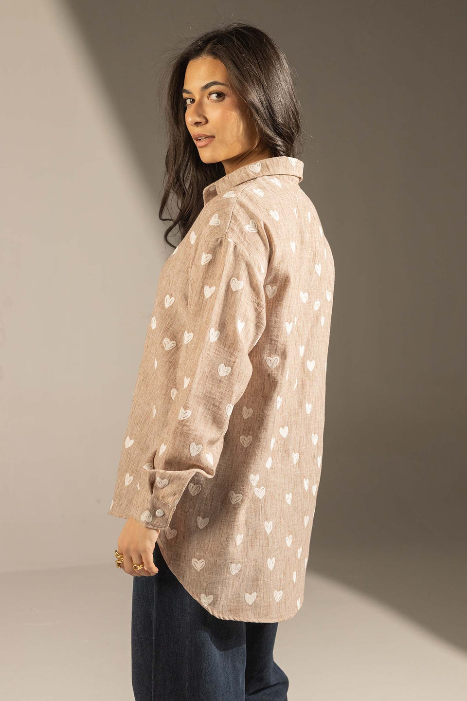 Coffe Heart Print Relaxed Fit Button-Up Shirt