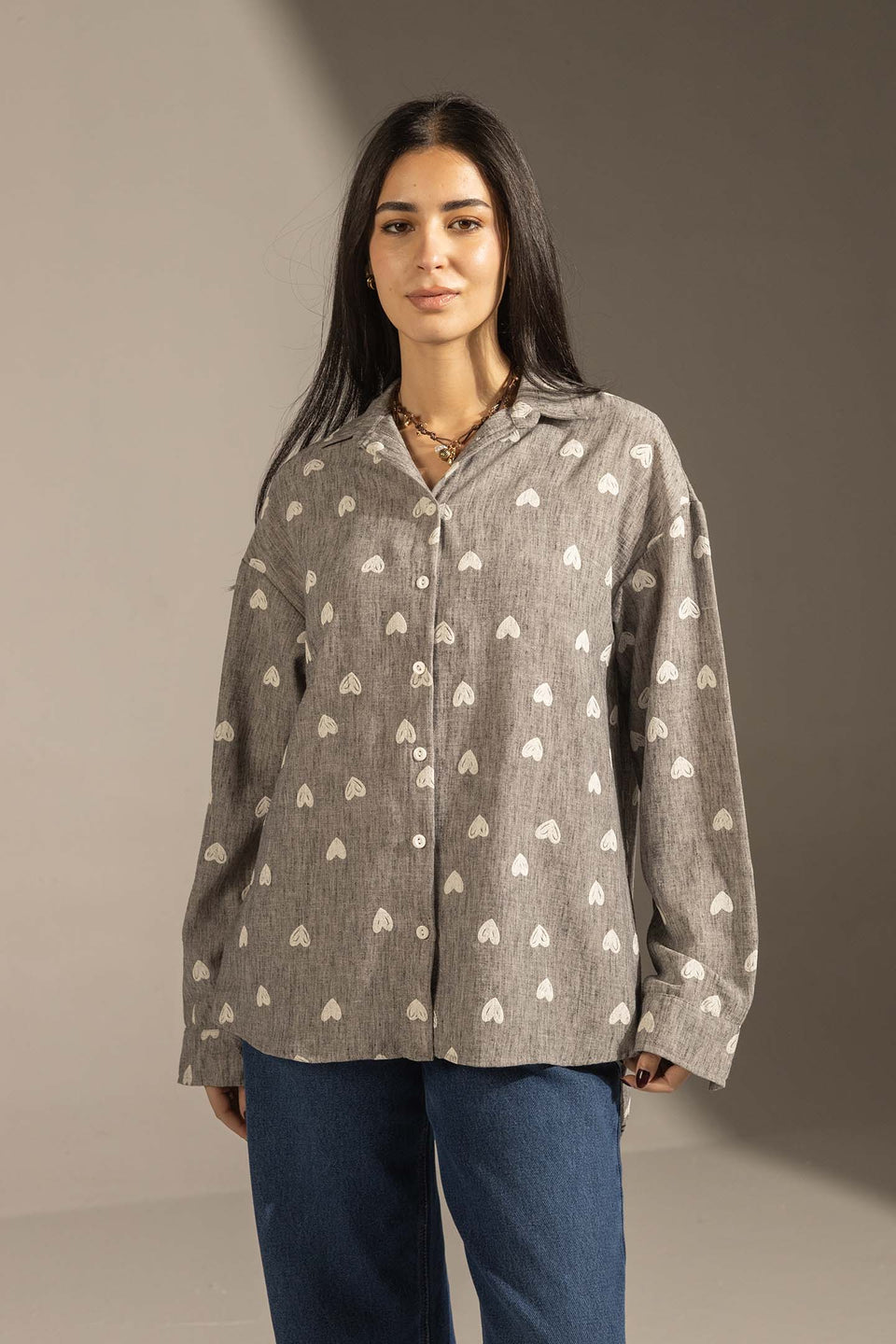Grey Heart Print Relaxed Fit Button-Up Shirt
