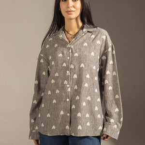 Grey Heart Print Relaxed Fit Button-Up Shirt