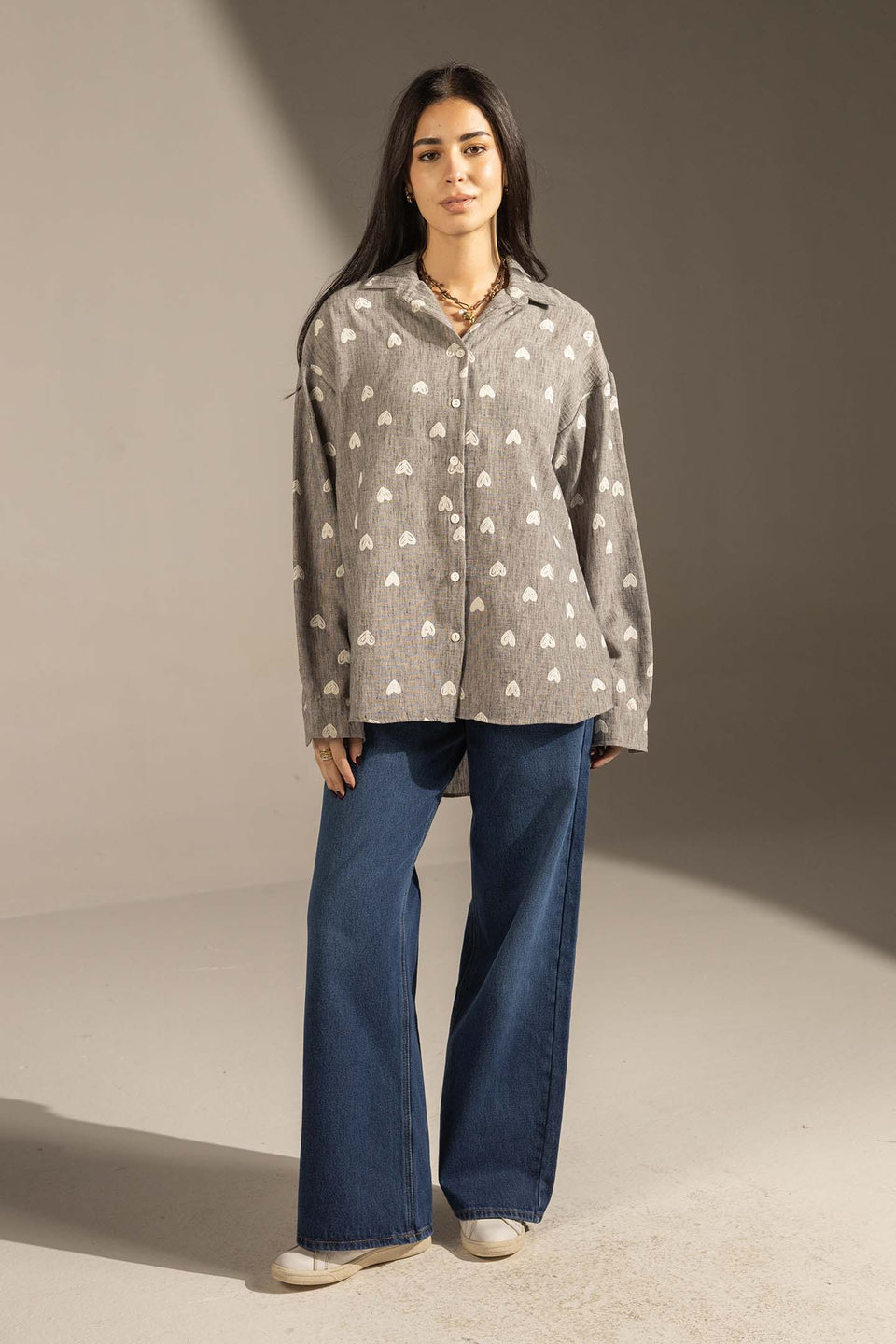Grey Heart Print Relaxed Fit Button-Up Shirt
