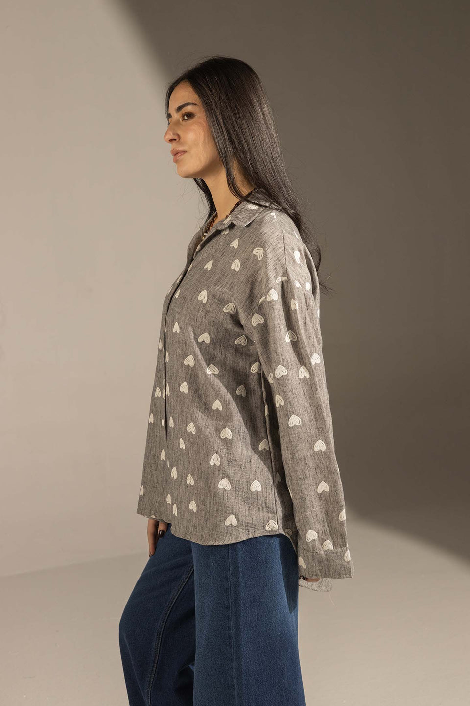 Grey Heart Print Relaxed Fit Button-Up Shirt