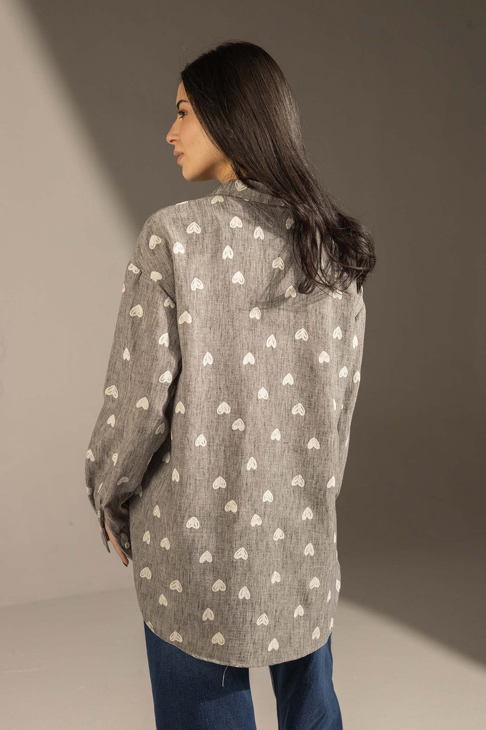 Grey Heart Print Relaxed Fit Button-Up Shirt