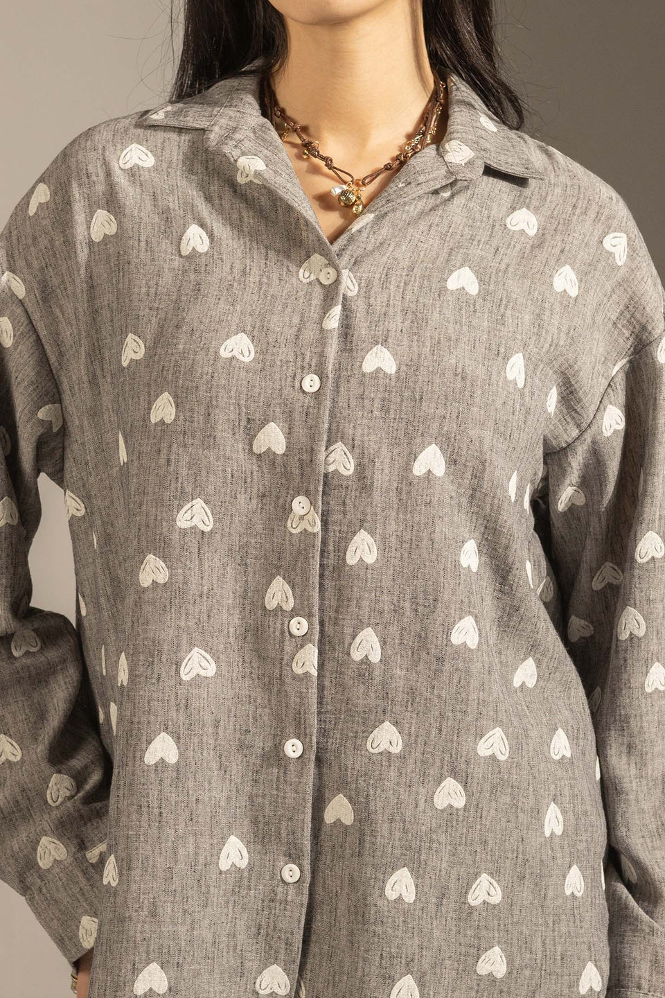 Grey Heart Print Relaxed Fit Button-Up Shirt