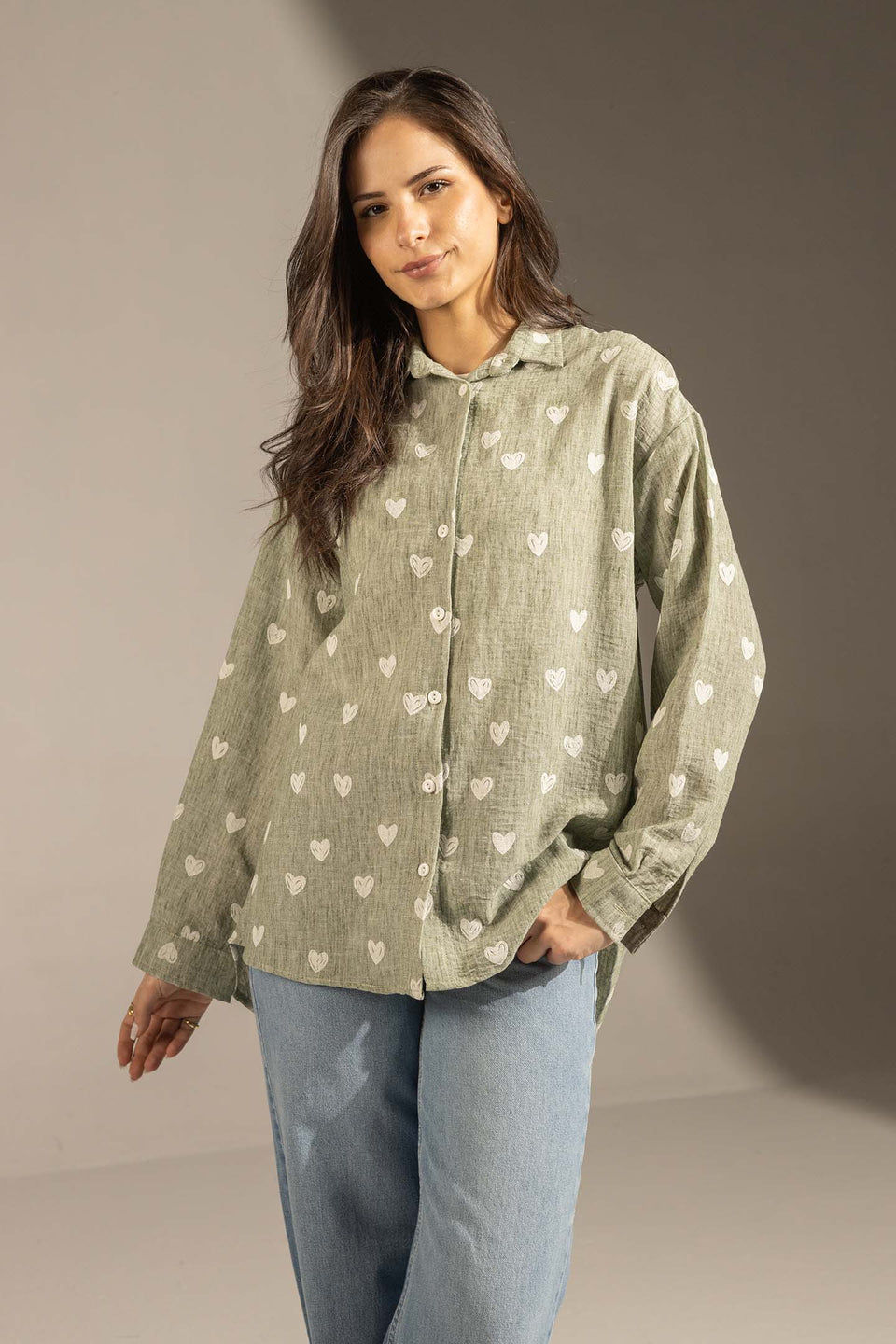 Mint Green Heart Print Relaxed Fit Button-Up Shirt