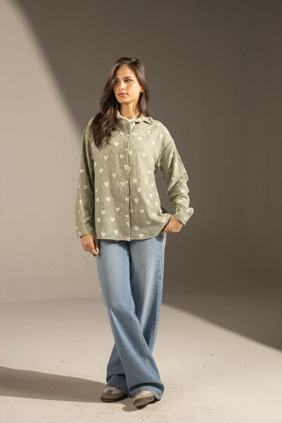 Mint Green Heart Print Relaxed Fit Button-Up Shirt