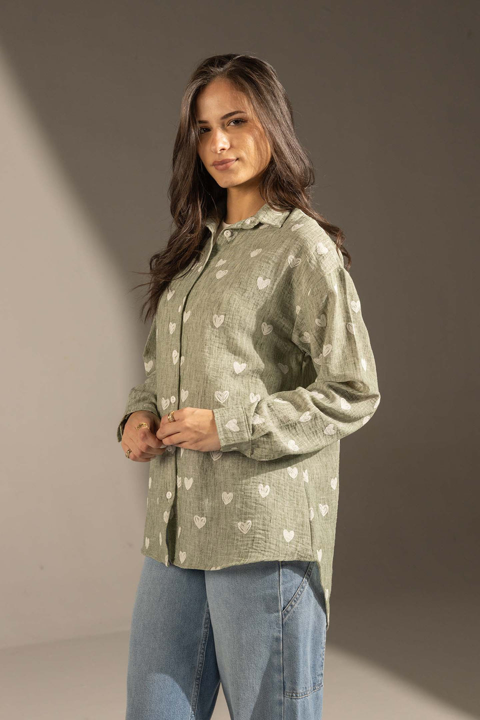 Mint Green Heart Print Relaxed Fit Button-Up Shirt