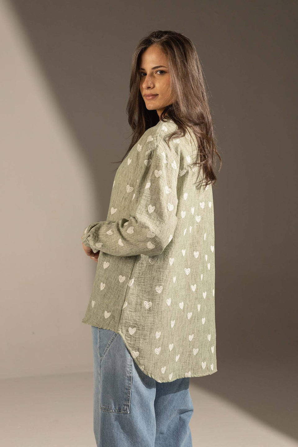 Mint Green Heart Print Relaxed Fit Button-Up Shirt