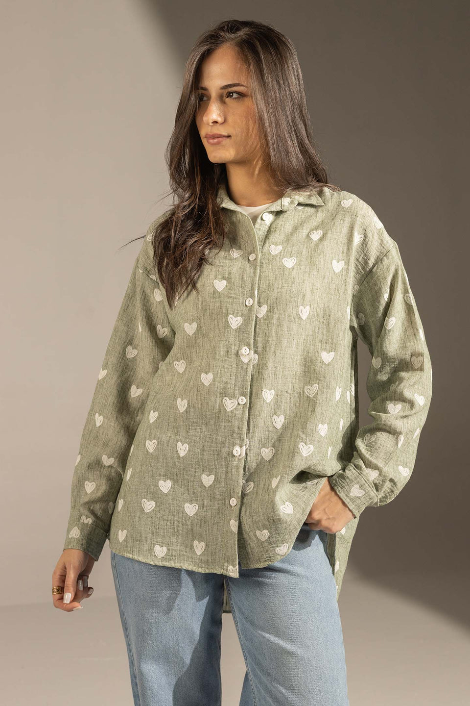 Mint Green Heart Print Relaxed Fit Button-Up Shirt