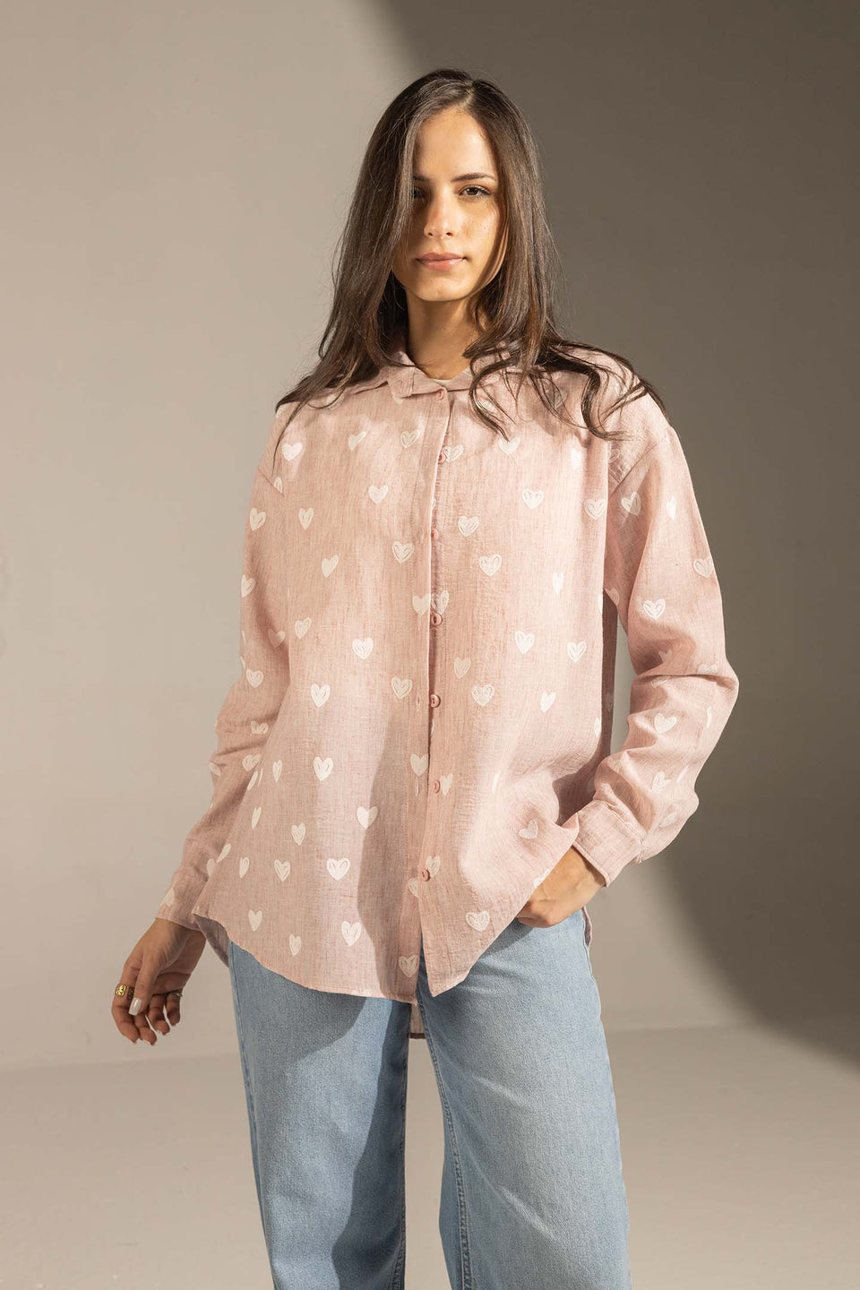Rose Heart Print Relaxed Fit Button-Up Shirt