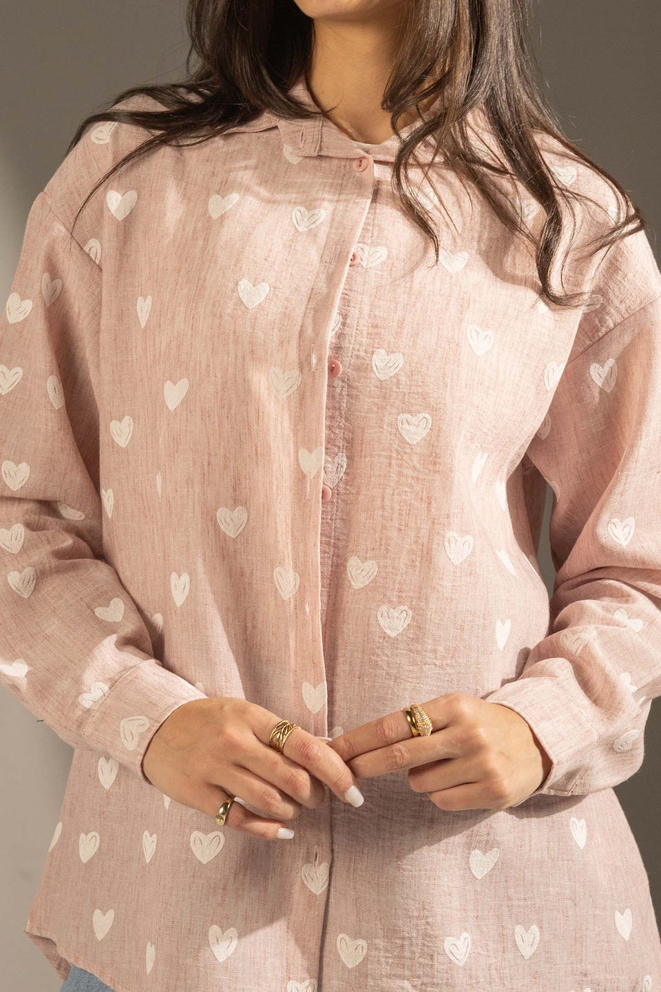Rose Heart Print Relaxed Fit Button-Up Shirt