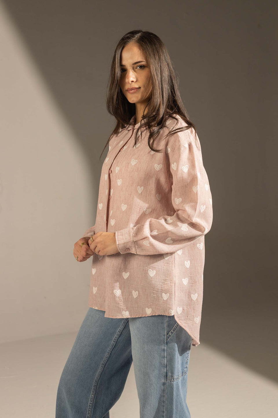 Rose Heart Print Relaxed Fit Button-Up Shirt