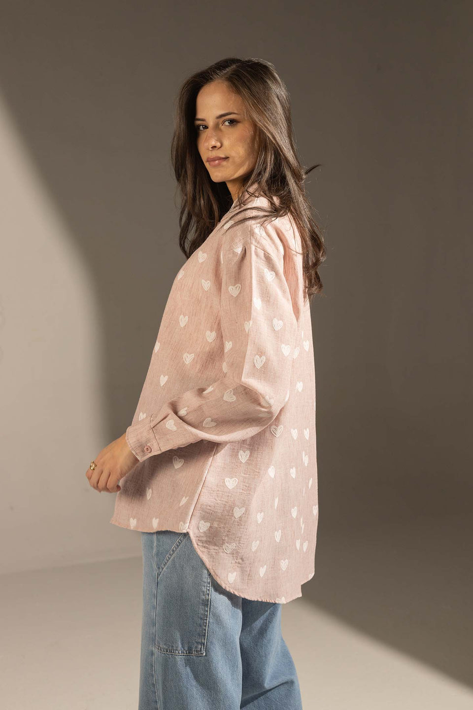 Rose Heart Print Relaxed Fit Button-Up Shirt