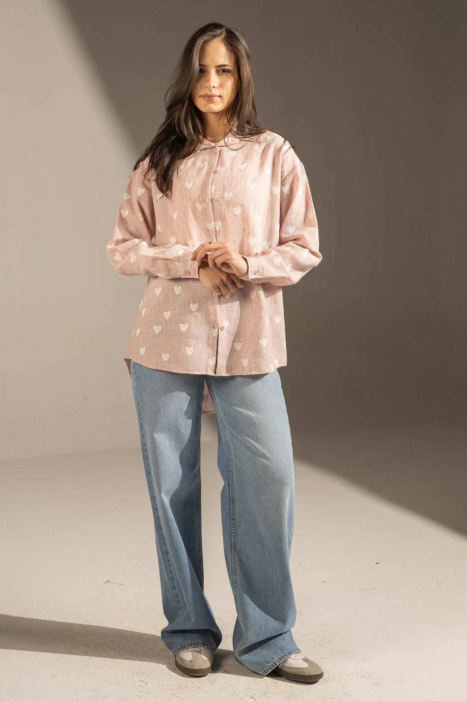 Rose Heart Print Relaxed Fit Button-Up Shirt